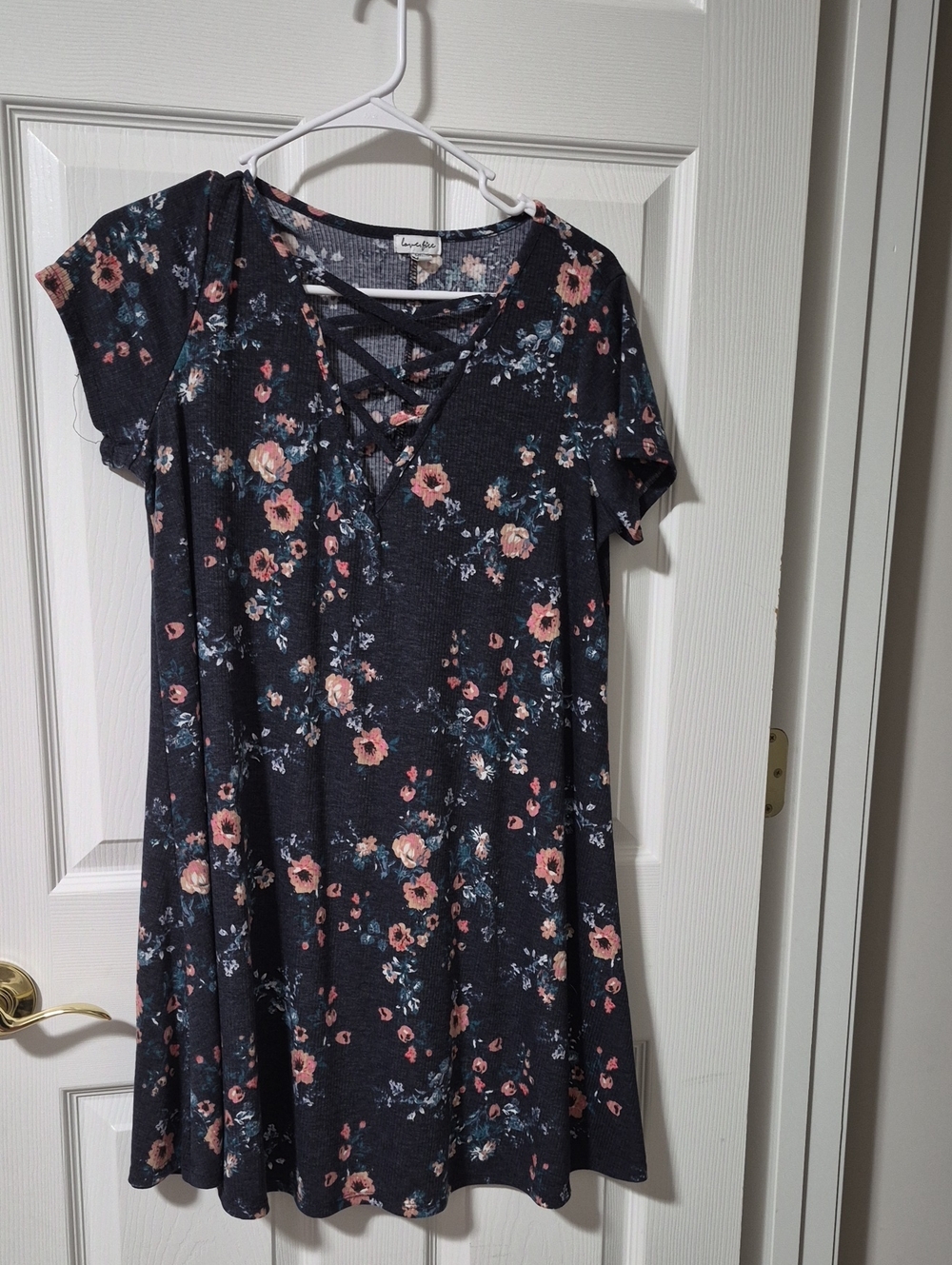 love, Fire Dark Gray Floral Crisscross V-Neck Mini Dress - Pink & Blue